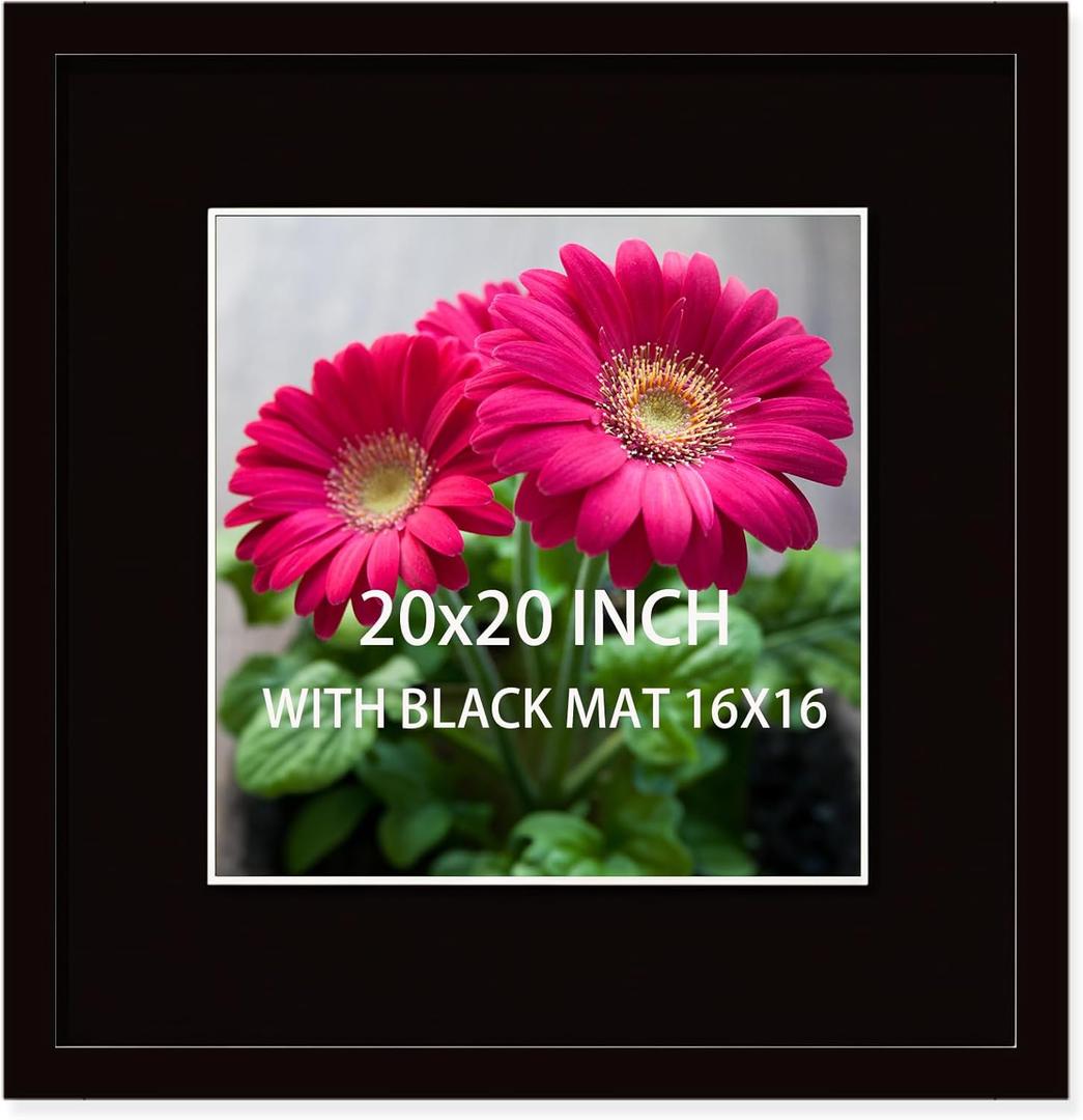 SKAOTUS 20x20 Picture Frame Black Solid Wood for Black Mat 16x16 Wall Mounting Square Poster Frames
