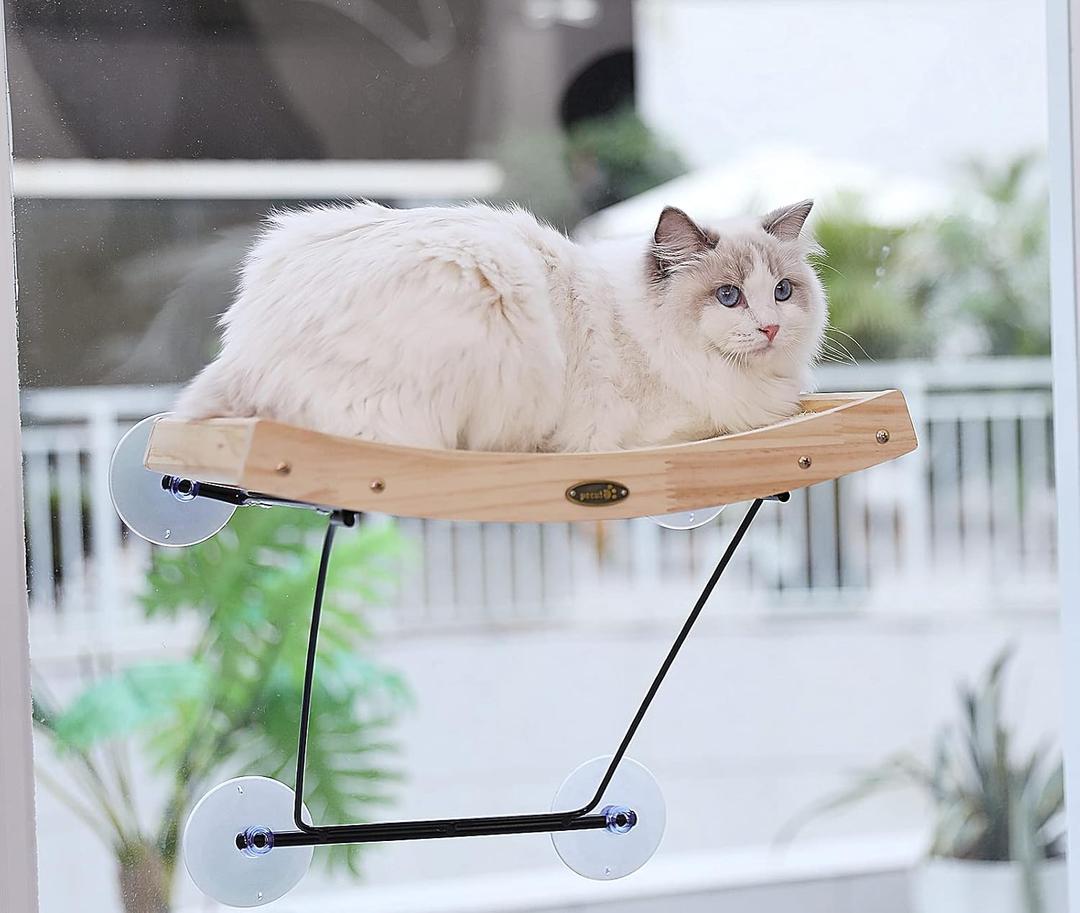 Pecute Cat Window Perch Sisal Scratcher 2 in 1, Cat Hammock for Window Seat with Solid Wood Frame, Iron Bracket, and Heavy Duty Suction Cups, Cat Perch Holds Cats Up to 30lbs