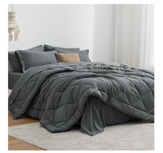 Love's cabin Queen Comforter Set Dark Grey, 7 Pieces Queen Bed in a Bag, All Season Bedding Sets with 1 Comforter, 1 Flat Sheet, 1 Fitted Sheet, 2 Pillowcase and 2 Pillow Sham | Soft, Breathable, Lightweight, Comfortable