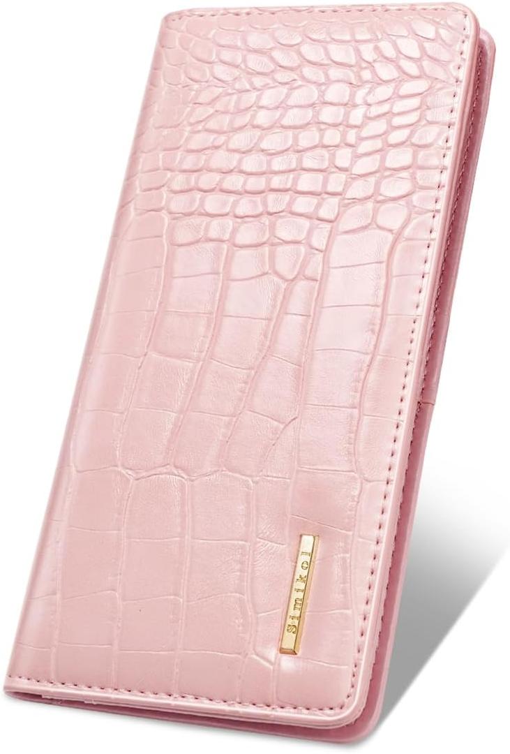 Wallet Women Bifold Faux Crocodile Leather Minimalist Slim Thin Long Wallets RFID Blocking Credit Cards Holder Purse with Back Zipper Coin Pocket for Women and Men,Pink