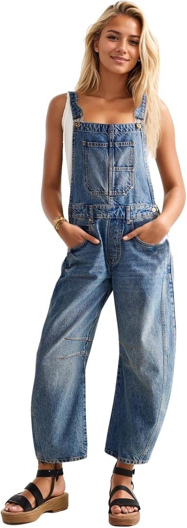 Ladyful Women's Denim Overall Casual Straight Wide Leg Bib Jeans Overall Adjustable Straps Denim Romper Stretch Jumpsuits (X-Large, Blue)