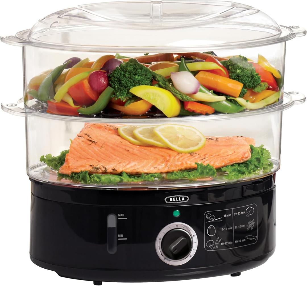 BELLA Two Tier Food Steamer with Stackable Baskets & Removable Base for Fast Simultaneous Cooking - Auto Shutoff & Boil Dry Protection, 7.4 QT, Black