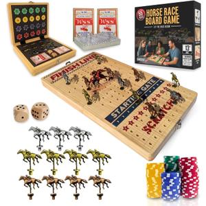Horse Racing Board Game - Large 22 Inches Folding Horse Race Game Board Adult - Exciting Family Racing Set with Built-in Storage for Premium Chips, 2 Sets of Cards, 2 Dice, and 11 Metal Derby Tokens