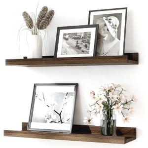 Floating Shelves for Wall Decor, Wall Mounted Wood Storage Shelf for Bedroom, Living Room, Bathroom, Kitchen, Nursery, Rustic Display Picture Ledge Shelf with Lip Set of 2-16 Inches, Walnut
