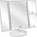 Deweisn Floor Mount Tri-Fold Lighted Vanity Mirror With 21 LED Lights, Touch Screen And 3X/2X/1X Magnification, Two Power Supply Modes Make Up Mirror, Travel Mirror (White)