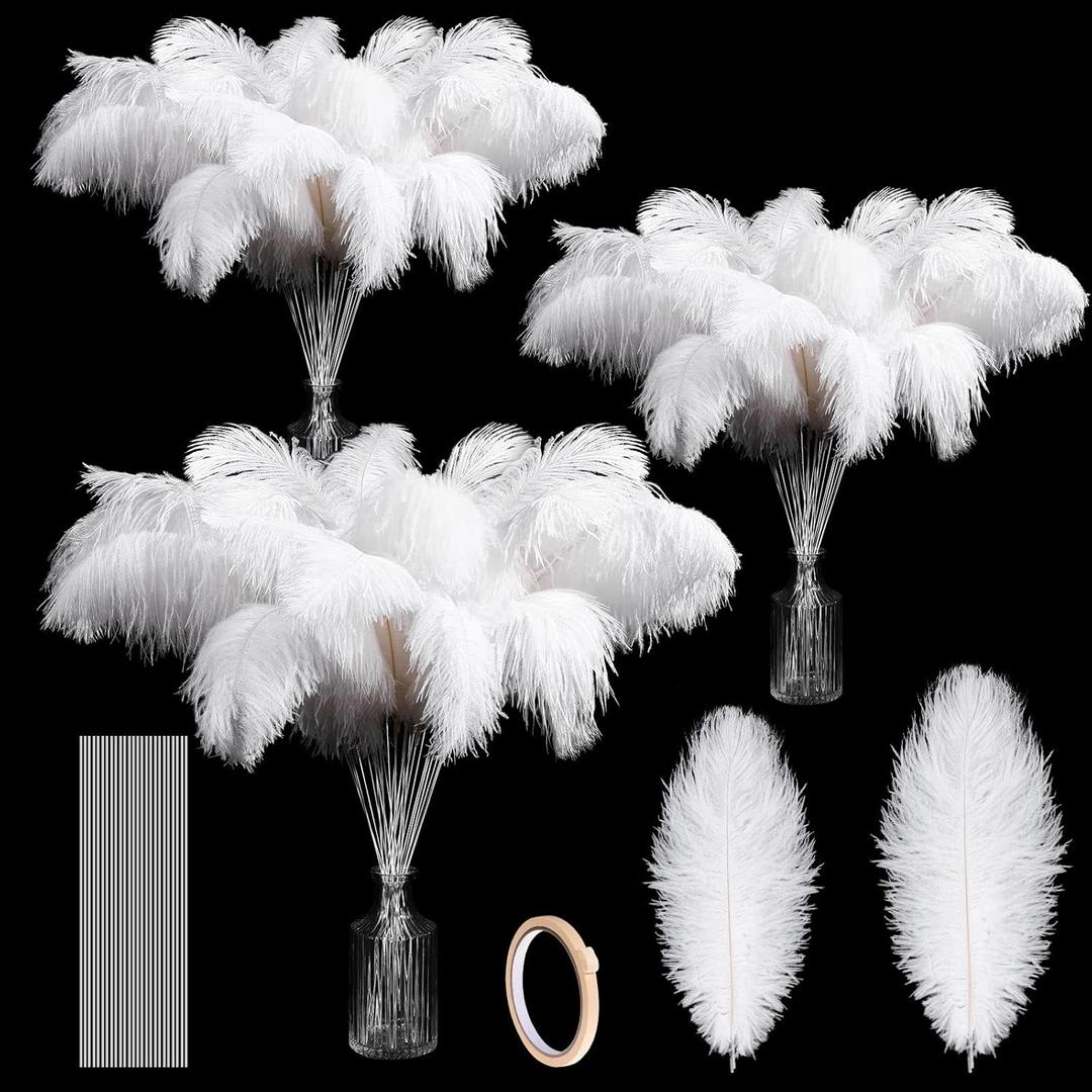 Tigeen 100 Set Ostrich Feathers Bulk 12-14 Inch,10-12 Inch 100 Natural Feathers for Vase with 100 Sticks and Tape Making Kit for DIY Wedding Floral Arrangement Party Centerpiece Decor(White)