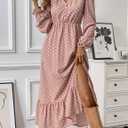 Women's Midi Dresses for Women V Neck Long Sleeve Fitted Family Photo Outfits Pink Dress Long Sleeve Pretty Garden Dresses (Pink, S)