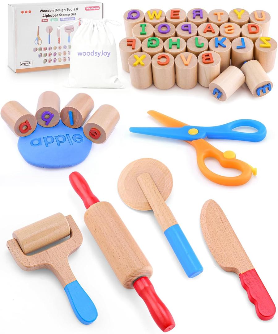 Wooden Dough Tools Kit for Kids, Dough Accessories with Rolling Pins, Pizza Cutter, Safety Scissors & 26 Letter Stamps, Educational Alphabet Learning Toys Gift for Toddlers Ages 36