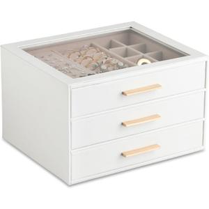 Frebeauty Clear Lid Jewelry Box,3-Layer Jewelry Organizer with Drawer,PU Leather Jewelry Organizers and Storage,Jewelry Boxes for Women,Jewelry Storage for Rings Earring Stud,Gift for Women(White)