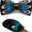 RBOCOTT Handmade Feather Pre-tied Bow tie and Brooch Sets for Men