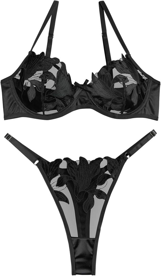 Lilosy Sexy Satin Mesh Floral Sheer Embroidered Underwire Lingerie Set 2 Piece Women (Black, XL)
