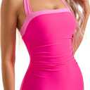 SUUKSESS Women Sexy Tummy Control One Piece Swimsuit Halter Retro Bathing Suit (Pink, XL)