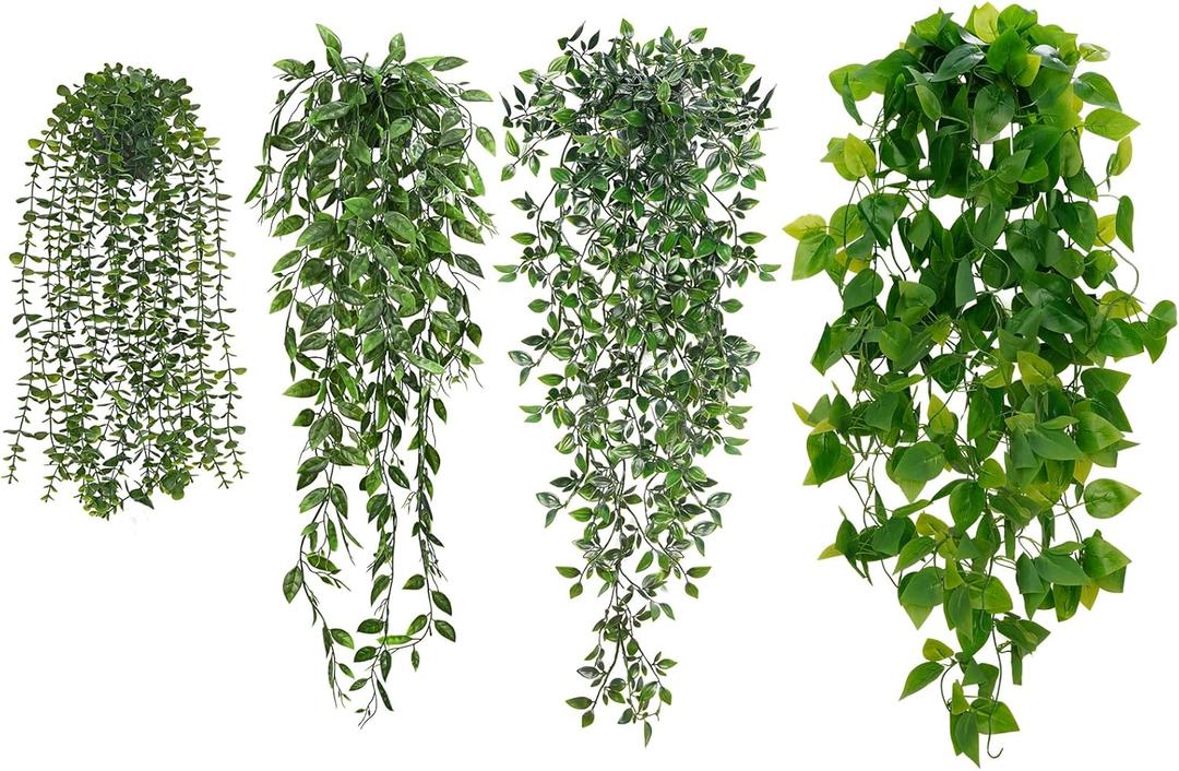 BLEUM CADE Fake Hanging Plants Mixed Set, 4pcs Artificial Hanging Plant, Faux Hanging Potted Plants Greenery for Wall Shelf Home Living Room Indoor Outdoor Decor