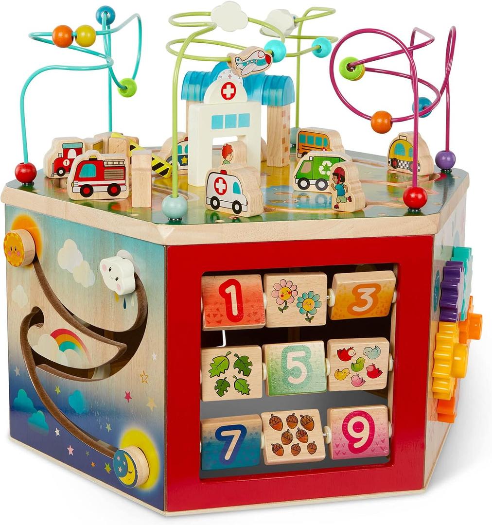 Battat Wooden Activity Cube City Themed Activity Center Educational Toys Wooden Toys for Toddlers and Kids 1 Year +