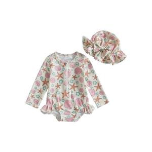 Infant Baby Girl Swimsuit Long Sleeve Zipper One Piece Bathing Suit with Sun Hat Swimwear Toddler Girl Rash Guard 3-4 Y