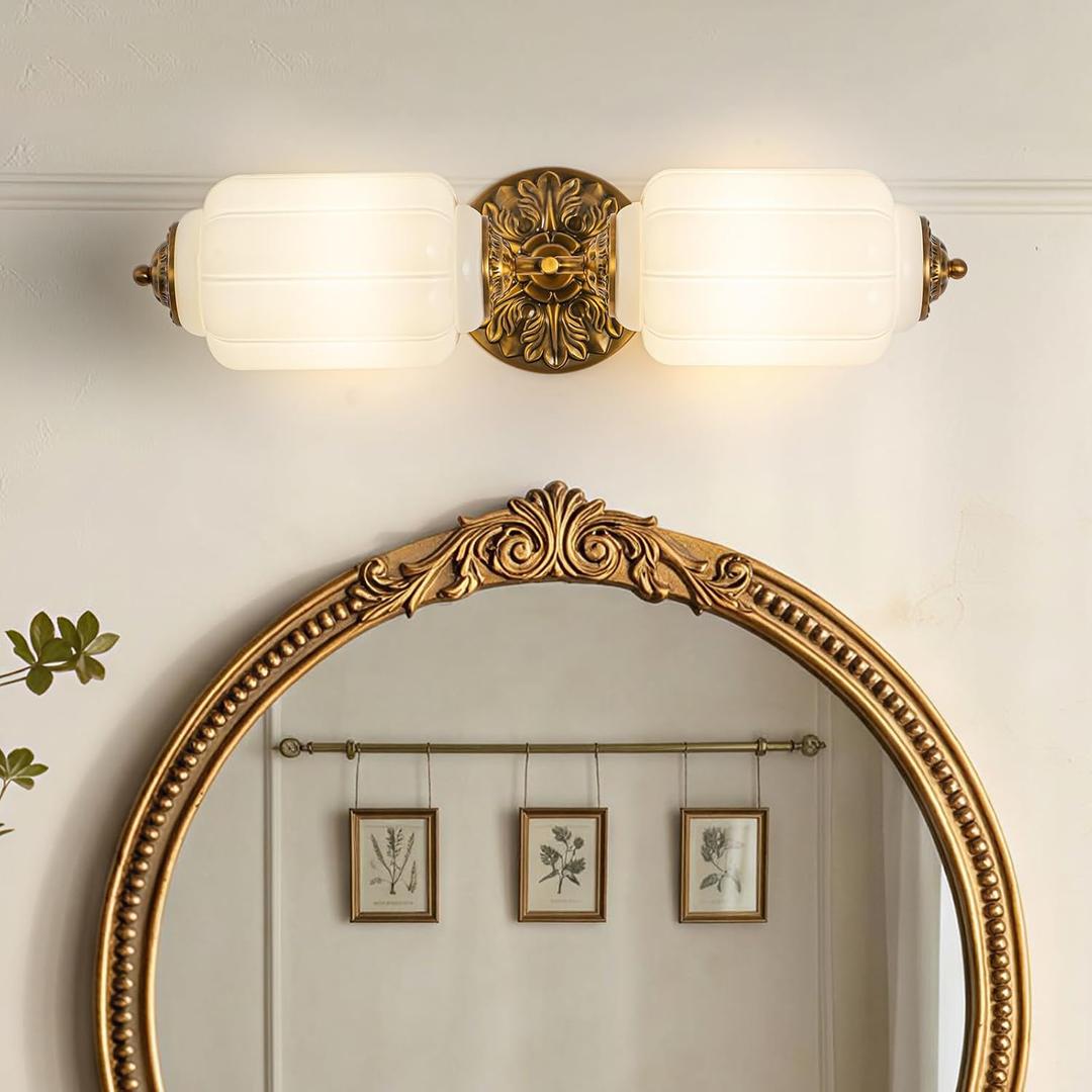 Vintage Gold 2-Lights Bathroom Vanity Light Fixtures with Milky White Glass
