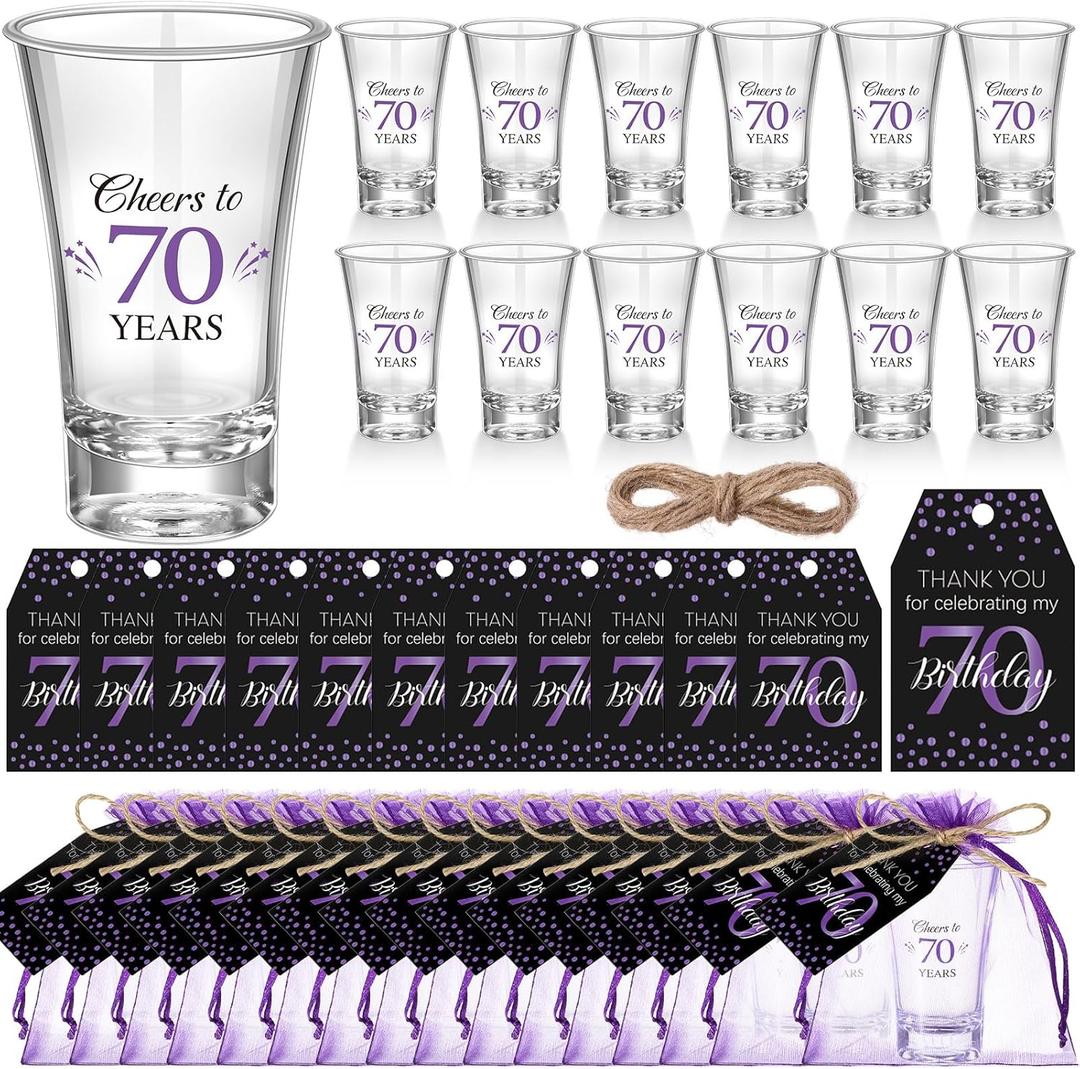 Pickmesh 50 Sets Black Purple Birthday Party Favors for Guests Souvenir Multicolor 70 Years Old Gift Bulk Acrylic Clear 1.2oz Shot Glasses with Thank You Cards and Gift Bags