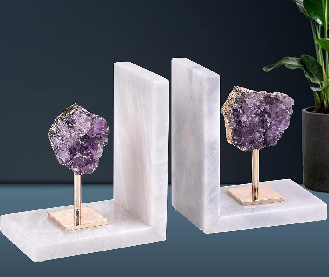 AMOYSTONE Amethyst Bookends for Heavy Books Decorative Marble Book Ends Stone Purple Non Skid Shelves Decor 1 Pair 5LBS AMOYSTONE Amethyst Bookends for Heavy Books Decorative Marble Book Ends Stone Purple Non Skid Shelves Decor 1 Pair 5LBS