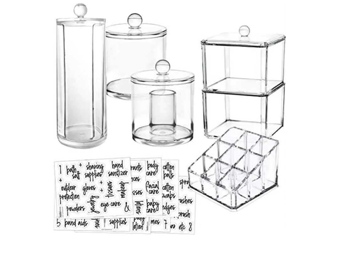 6-Pack Makeup Organizer Acrylic Plastic Containers. Bathroom Beauty Storage Set: 5 Canisters & 107 Printed Labels Organization