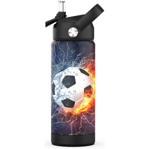 Boys Soccer Water Bottle for SchoolKids 18 oz Insulated Stainless Steel Cup with Straw, Double-Wall Vacuum Leakproof