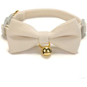 Cotton Breakaway Cat Collar with Bow Tie and Bell, Adjustable Cute Soft Corduroy Kitten Collars for Girl and Boy Cats (S:Neck 7.5" - 11.0", White)