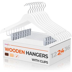 HOUSE DAY Wooden Hangers with Clips 24 Pack, Heavy Duty White Wood Pants Hanger, Premium Skirt Hanger with Adjustable Clips, Solid Clip Hangers for Suit, Blouse, Dress, Coat, Jacket, Bottom