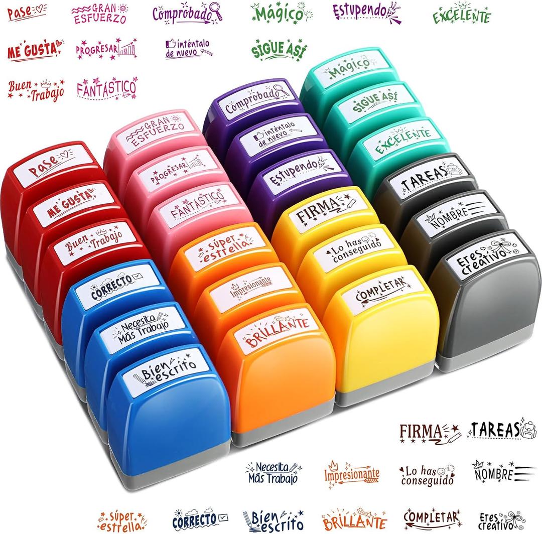 Nezyo 24 Pcs Teacher Stamps Spanish Teacher Grading Stamp Bulk Classroom Self Inking Grading Gifts for Motivation Kids Homework School Prizes Reward Supplies