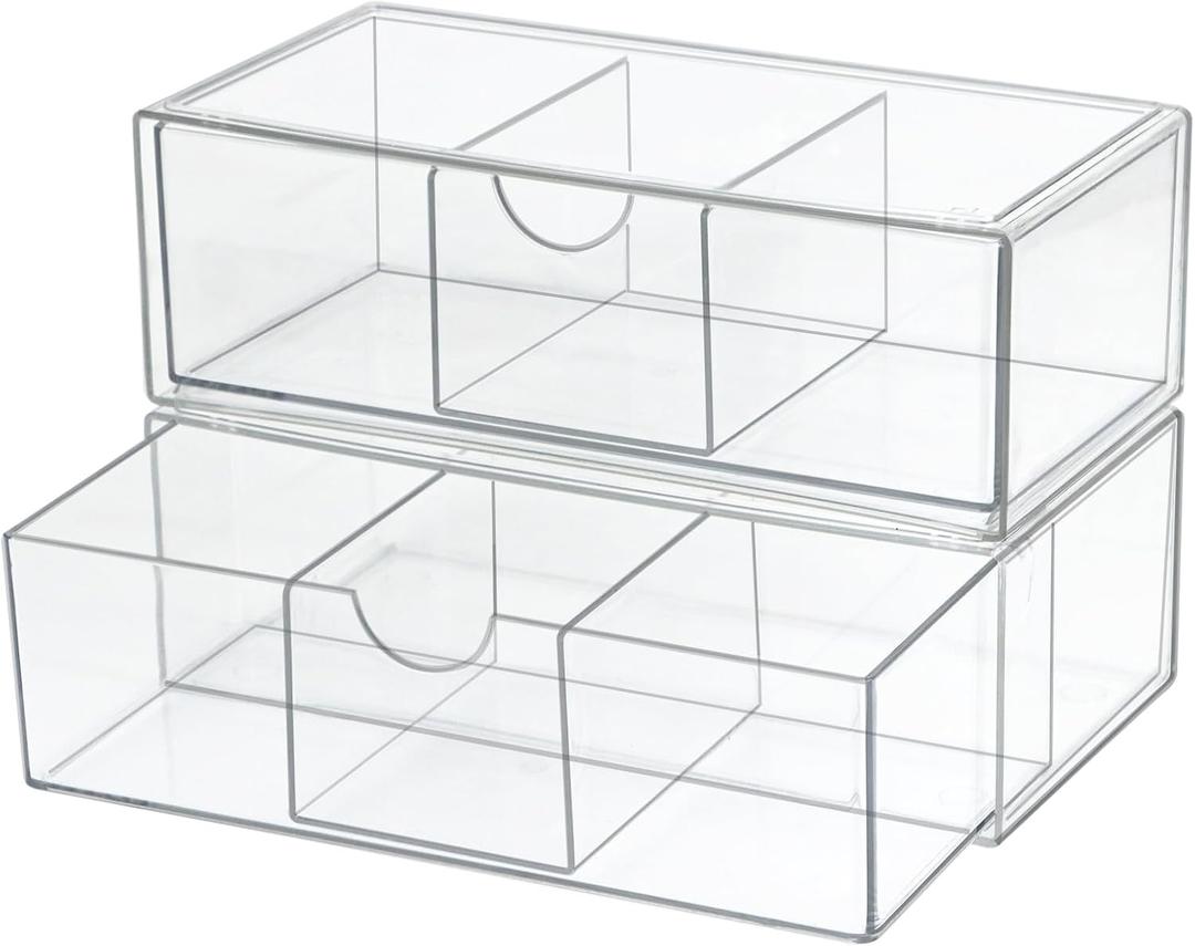 Set of 2 Stackable Storage Drawers - 7.8" Clear Plastic Drawer Storage, Acrylic Makeup Organizer, Desk Counter Cabinet Office Organizer, Bathroom Organizers and Storage (3 Grid/Set of 2)