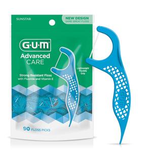 GUM Advanced Care Floss Picks - Dental Flossers for Adults with Vitamin E and Fluoride - Extra Strong Shred-Resistant Dental Floss, Easy Grip Handle, Fresh Mint Flavor, 90 Count
