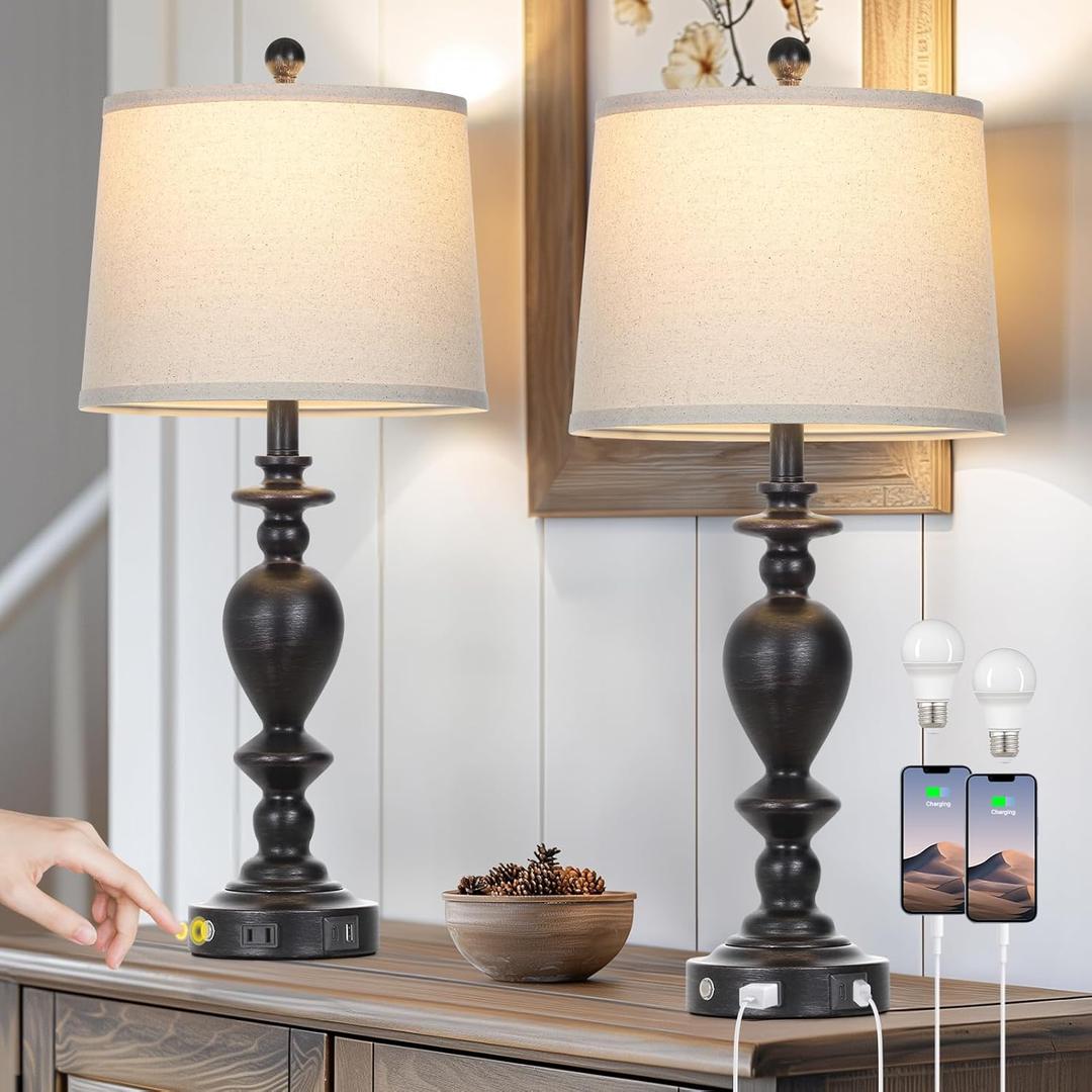 28" Black Farmhouse Table Lamps Set of 2 with USB C+A Ports & AC Outlet for Vintage Living Room Rustic Bedroom,3-Way Dimmable Touch Lamp Retro Resin Bedside Lamps for Nightstand Side Table
