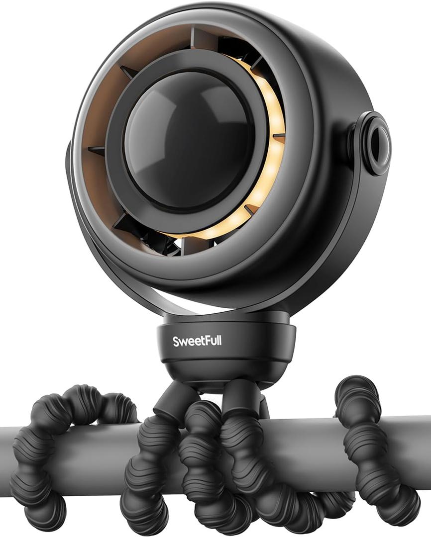 SWEETFULL Baby Stroller Fan - 4000mAh Rechargeable 4-Speed Quiet with LED Display & Night Light, Mini Portable 360 Clip On Safe Fan for Car Seat, Crib, Travel - Black