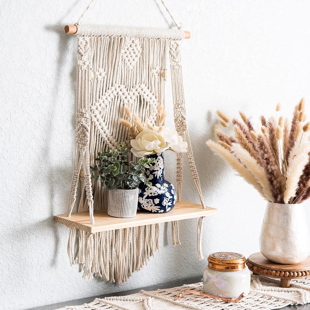 SnugLife Macrame Wall Hanging Shelf - Tier Wall Shelves with Handmade Woven Rope - Boho Shelves Organizer Hanger for Kitchen, Bathroom, Home Storage, Floating Indoor Plant Wall Shelf (1 Tier)