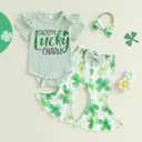Newborn Baby Girl St Patricks Day Outfit Short Sleeve Letter Print Romper Clover Flare Pants Headband Clothes Set, 6-12M