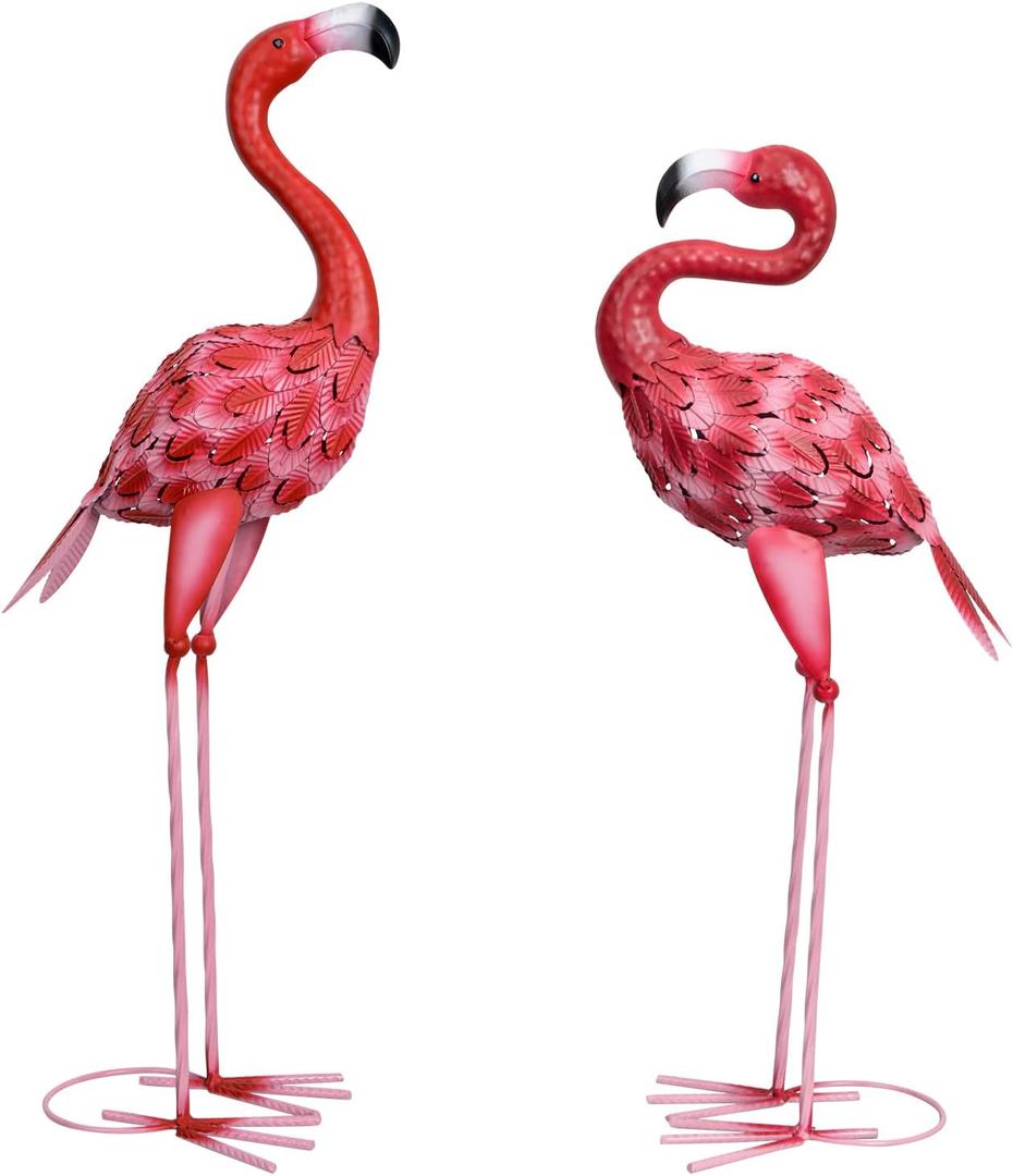 2Pcs Flamingo Outdoor Statues, Metal Flamingo Yard Art Decor for Garden Home Patio Yard Display
