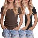 3 Pack Girls Shirts Scoop Neck Ribbed T Shirts Teens Short Sleeve Slim Fit Summer Tees for Kids Age 5-14