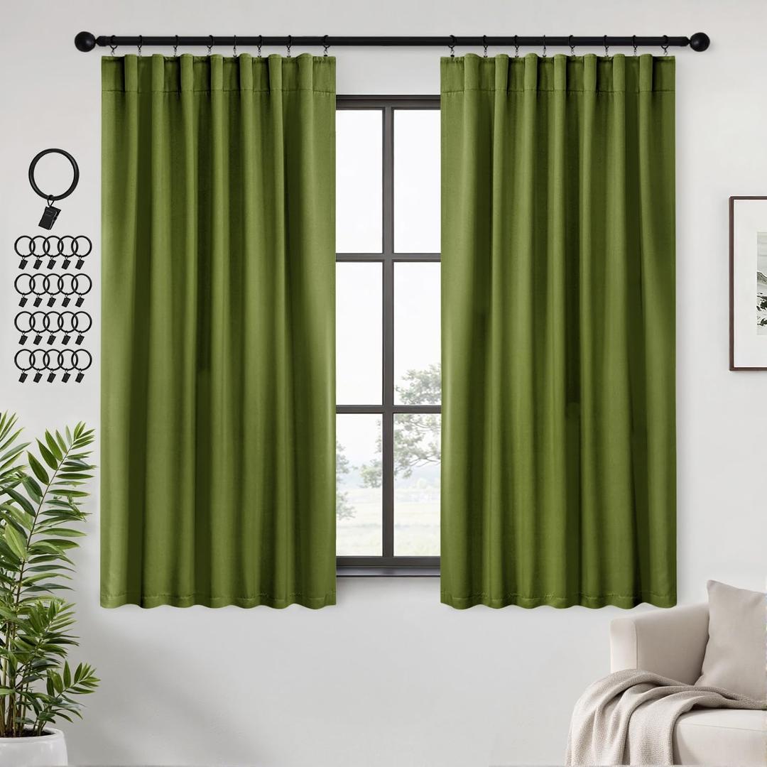 ANRODUO Rod Pocket and Back Tab Pleated Blackout Curtains with Hooks, Rings, Green Curtains 63 Inches Long 2 Panels, Thermal Insulated Room Darkening Living Room Bedroom Curtain, 42x63 Inches