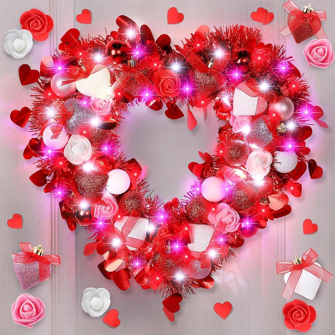 Meonum 12'' Lighted Valentines Day Wreath Heart Rose Wreath for Front Door Romantic Decor, Timer Light up Rose Heart Wreath with Glitter Heart Red Pink White Light for Valentines Day Wedding