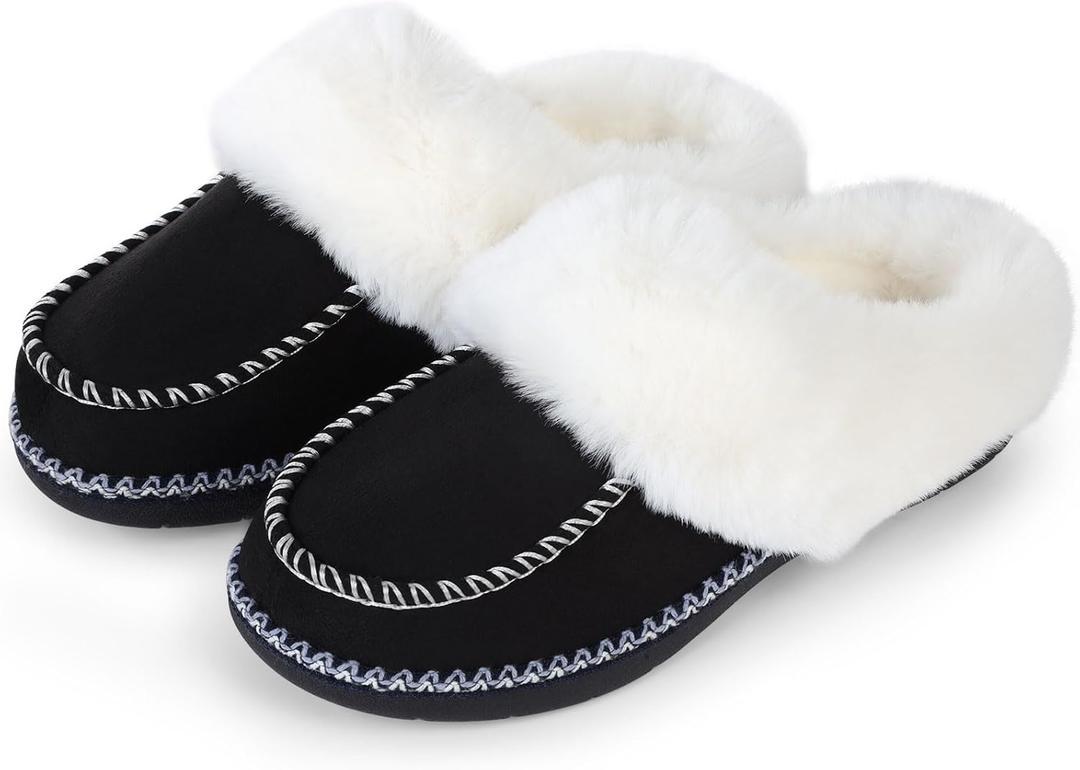 Womens Warm Microsuede House Slippers Cozy Memory Foam Winter Bedroom Shoes with Fluffy Plush Collar for Indoor and Outdoor (9-10, Black)
