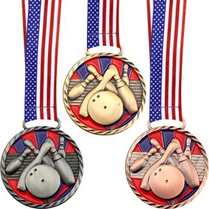 Huquary 3 Pcs Bowling Medal 2.5 Inch Bowling Trophy Gold Silver Bronze 1st 2nd 3rd Place Award Medals with Stars and Stripes American Flag Ribbon for Competitions, Club Celebration Souvenir Tournament