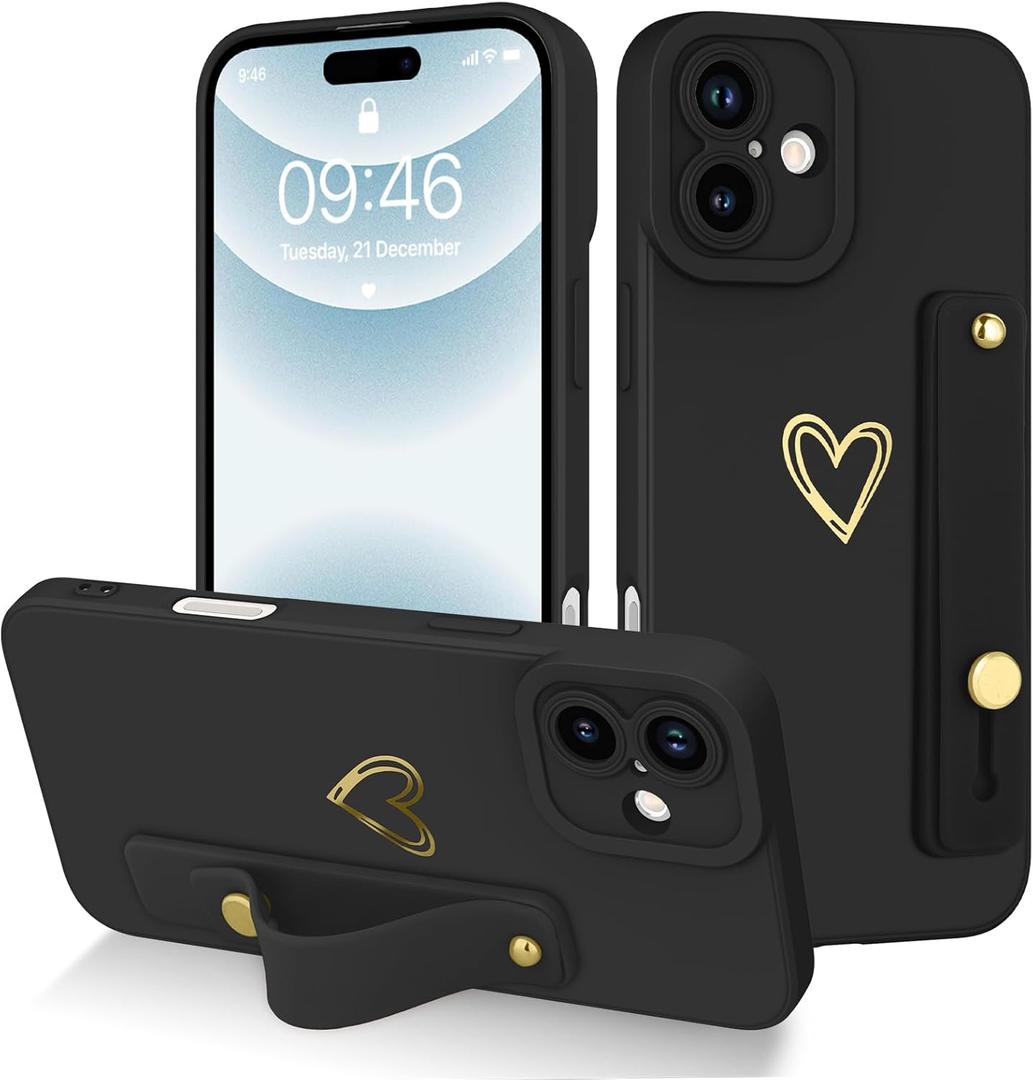 Fiyart Designed for iPhone 16 Case with Phone Holder Cute Love Hearts Pattern Slim Protective Camera Protection Cover with Wrist Strap Kickstand for Women Girls 6.1"-Black