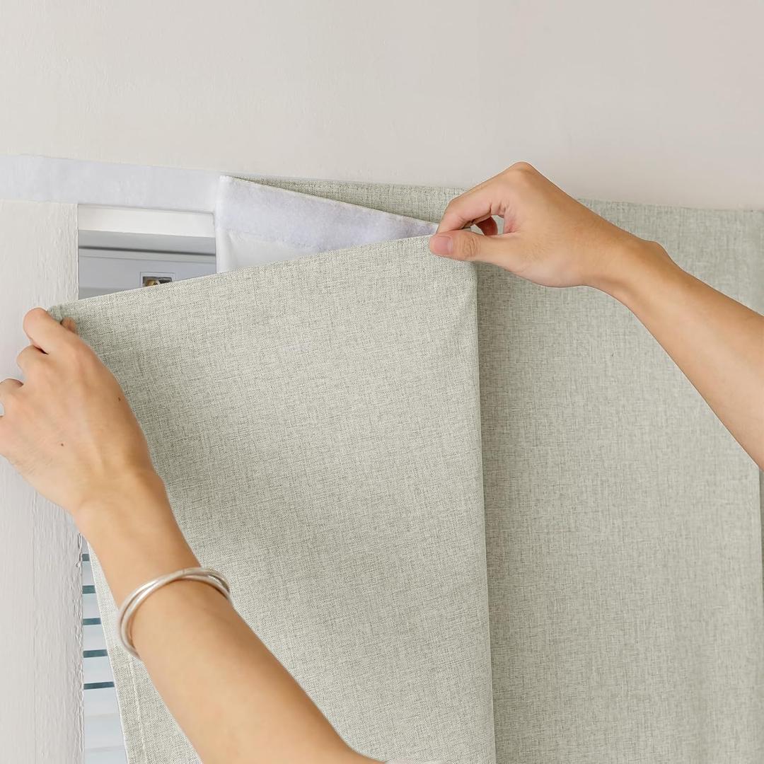 100% Blackout Magic Tape Stick On Curtains Window Shades Pull Down Blackout Window Cover No Drillng Self Adhesive Curtains No Rod Small Windows, W35 x L60 inch, 1 Panel, Light Beige