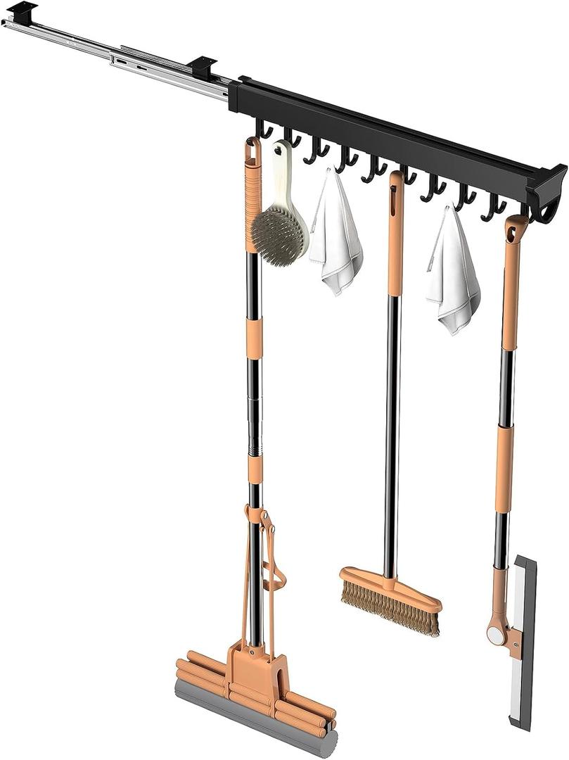 Pull-out Mop and Broom Holder with 20 Sliding Hooks, Slide Broom Closet Organizer Sliding Garage Storage Rack for Home Kitchen Wardrobe Closet Laundry Cupboard