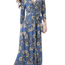 Aphratti Maxi Dresses for Women 2025 Summer Casual 3/4 Sleeve Faux Wrap V Neck Floral Flowy Long Maxi Dress Blue Large