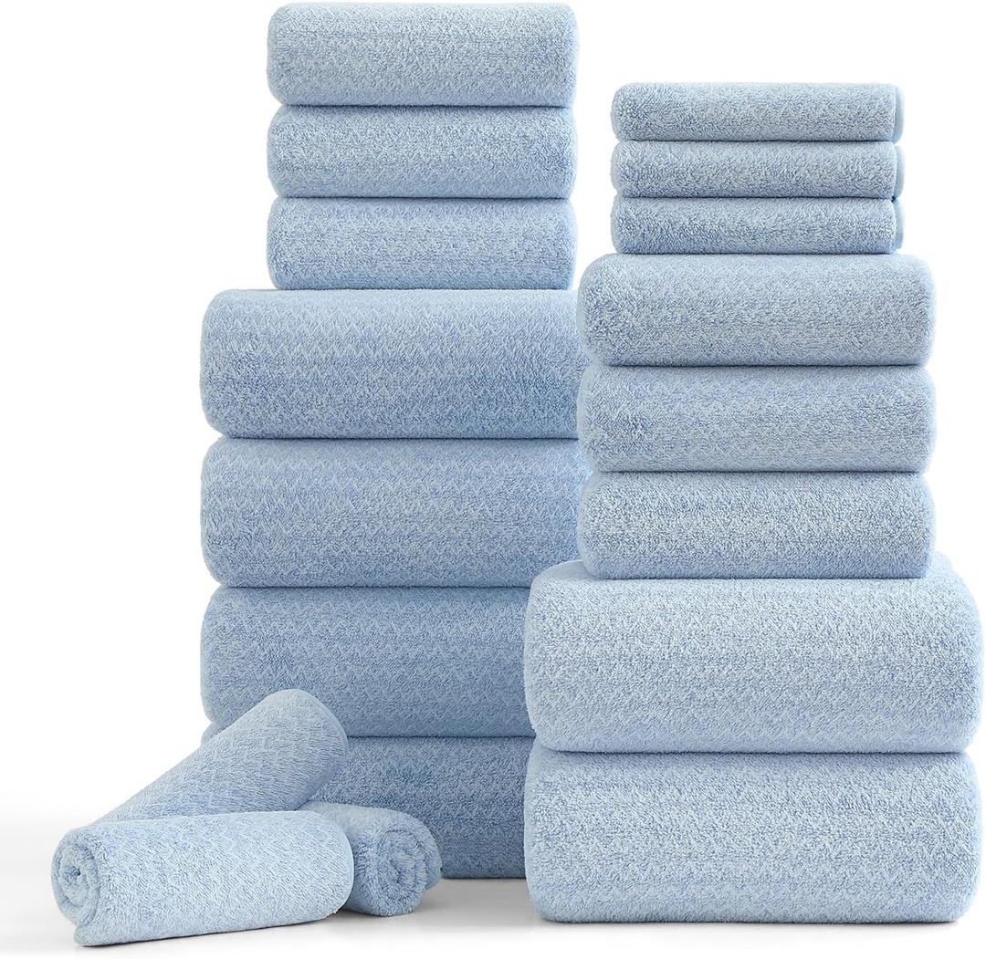 Ycosy 18 Piece Bath Towels Set,100% Microfiber Family Bathroom Towel with Hanging Loops-6 Bath Towels,6 Hand Towels,6 Washcloths,Quick Dry Highly Absorbent Shower Towel for Bathroom,Hotel,Spa-Blue