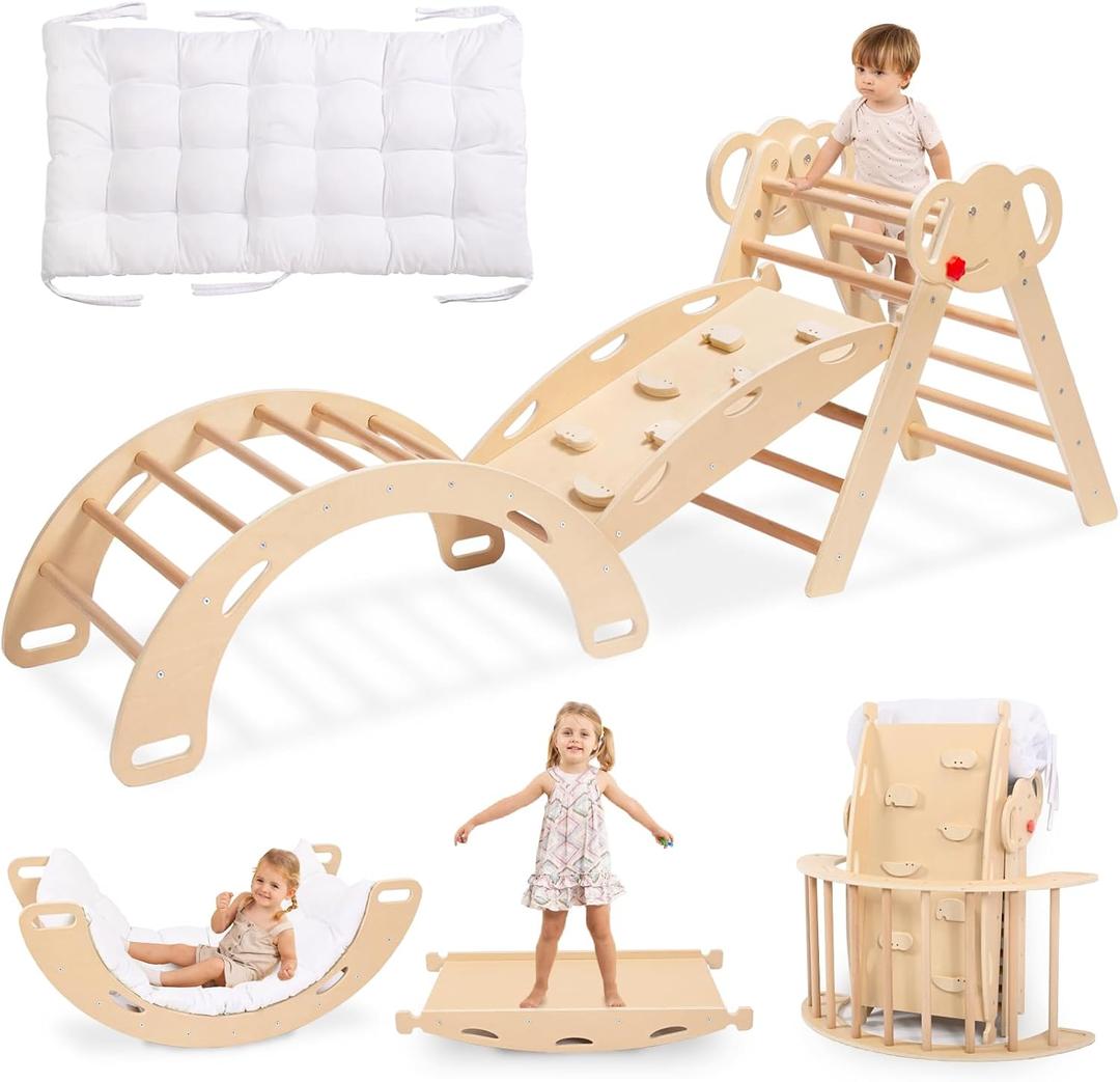 WINGYZ Pikler Triangle Set, Montessori Foldable 8-in-1 Jungle Gym with Reversible Animal Slide, Patent-Protected Climbing Set, Safe 2.35" Gap ASTM F963 Standards for Toddlers 18 Months-7 Years (Teak), Approx. 70" X 21" X 25"
