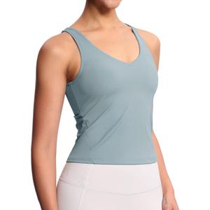 THE GYM PEOPLE Women's Longline Sports Bra Wirefree Padded Workout Yoga Tank Top (Large, Denim Blue)