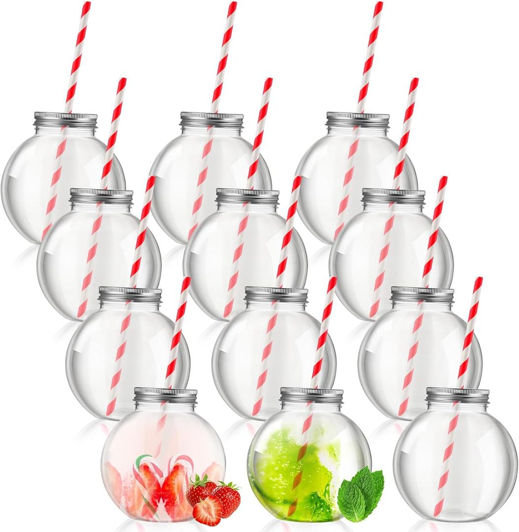 Yaomiao 12 Packs 16 oz Plastic Fish Bowl Ornament Cups with Straw for Drinks Plastic Candy Jar Potion Bottles with Aluminum Hole Lids Clear Spherical Bowls Bulb Cups for Carnival Games