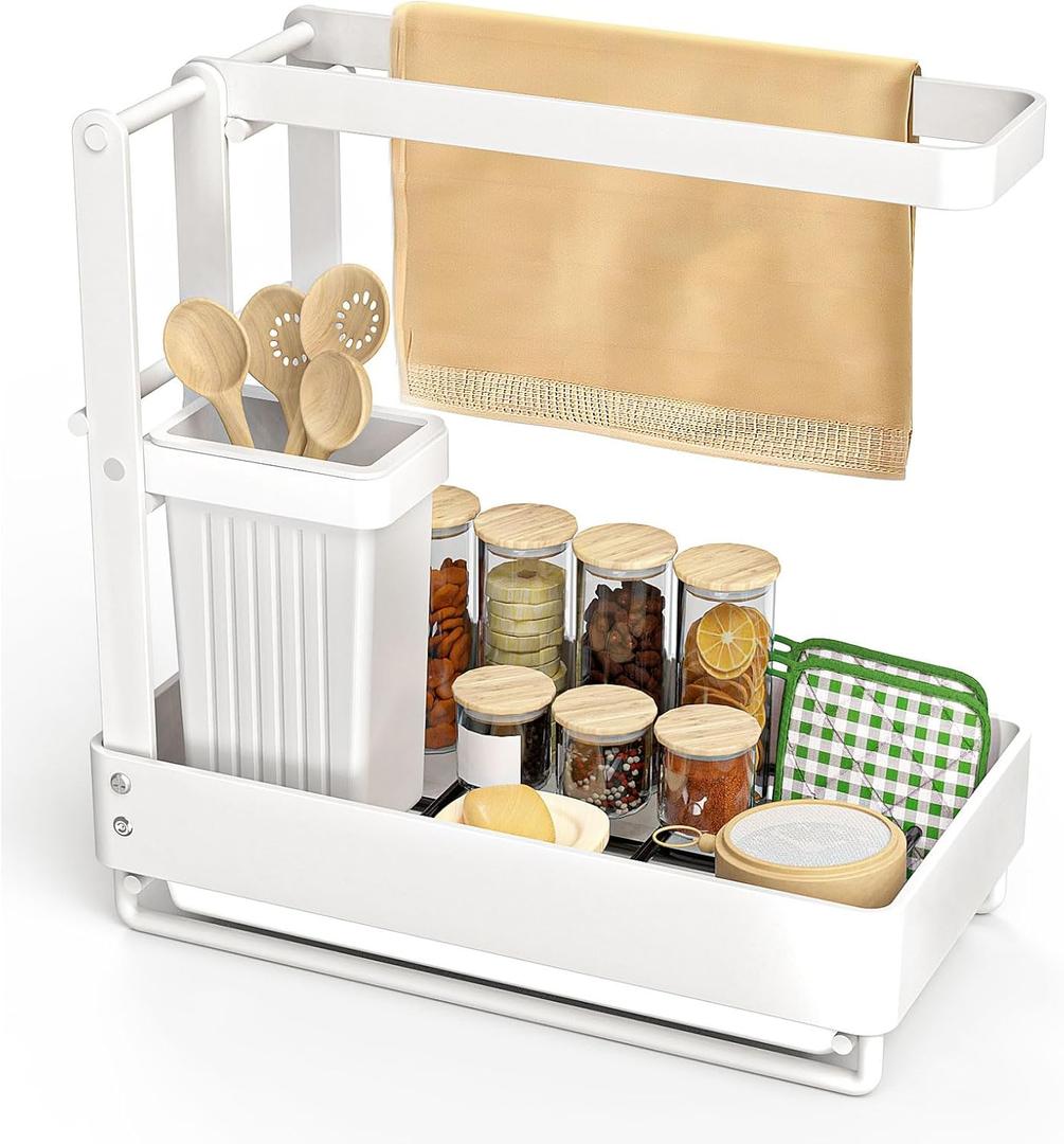 Yawinhe Sponge Holder for Kitchen Sink, Caddy Organizer with Detachable Brush Rack, Stainless Steel Accessories for Organization, White