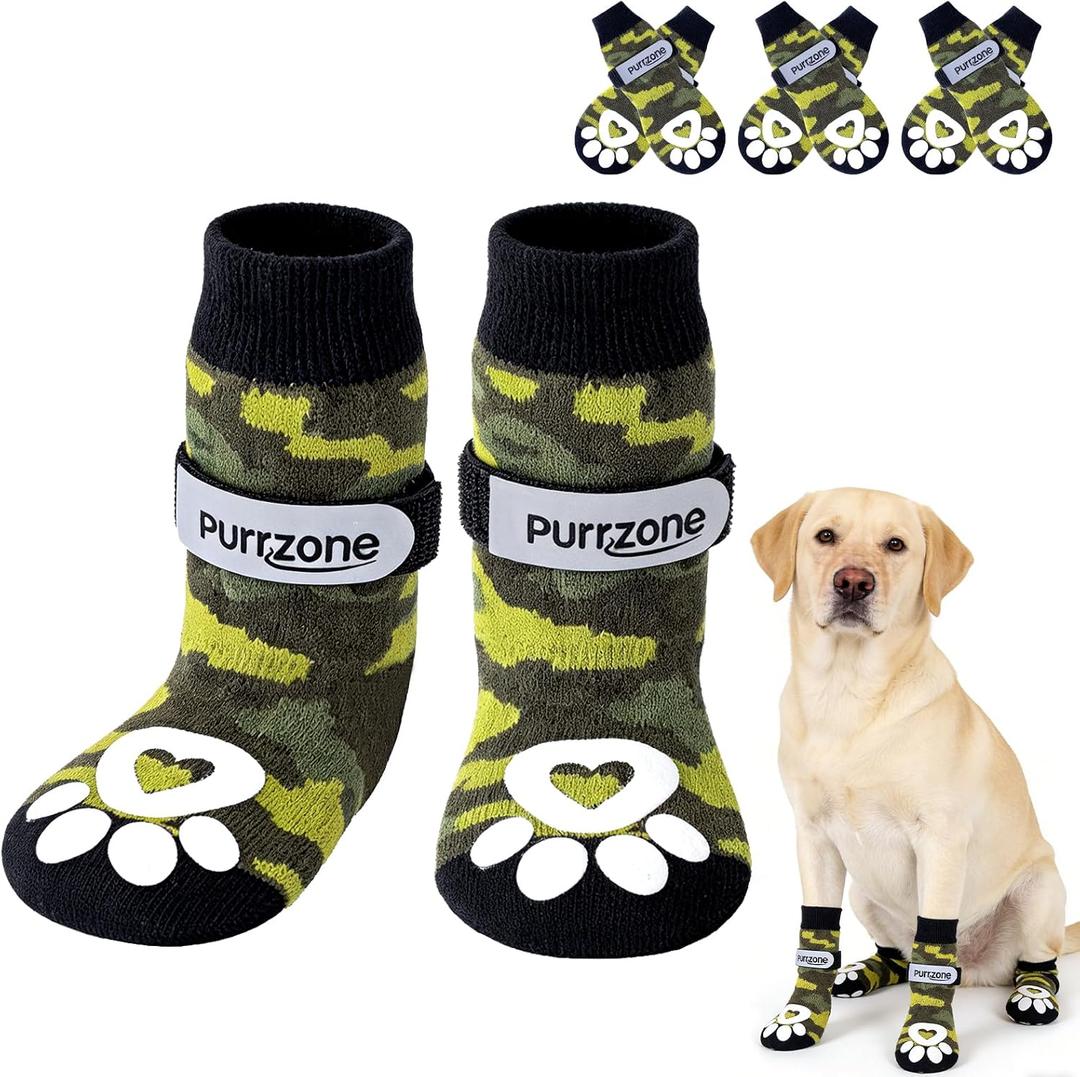 6 Pcs Non-Slip Dog Socks with Paw Grips Indoor, Cute Socks for Hardwood Floors, Winter Snow, Hot Pavement, Paw Protector Socks (Green Camouflage, Extra Large)