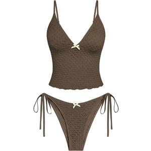 ZAFUL Tankini Swimsuits for Women Lace Jacquard Bowknot Decor Tummy Control High Cut Tanga Tankini Set (Small)